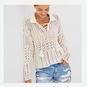 American Eagle Cream Crochet Lace Up‎ Tassel Open Knit Sweater XL Cottagecore